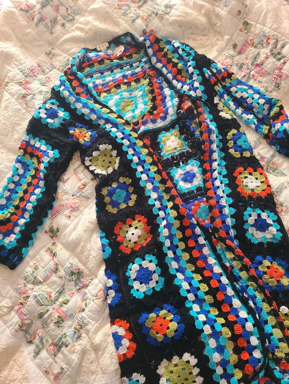 POL Crochet Maxi Cardigan - Black with Multicolor Floral Squares Granny Square - Picture 6 of 6